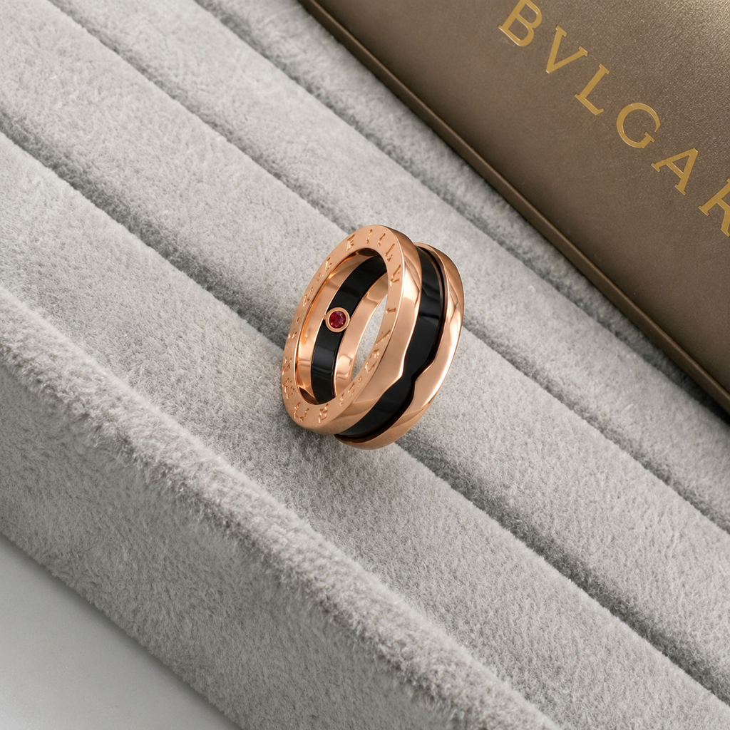 Bvlgari Black Ceramic Silver Ring with Red Accent – Elegant Luxury Jewelry