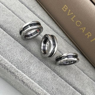 Bvlgari Black Ceramic Silver Ring with Red Accent – Elegant Luxury Jewelry