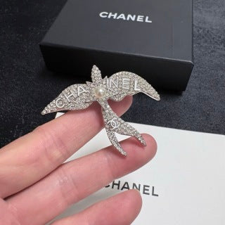 CHANEL Silver Swallow Wing Embellished Brooch
