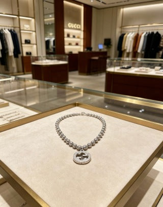 Gucci Interlocking G Beaded Medallion Long Chain Necklace
