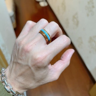 Bvlgari Gold Blue Accent Wide Band Ring – Elegant Luxury Jewelry